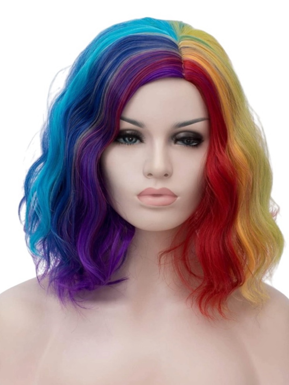 Rainbow Wavy Bob Wig - Bold Blue Purple Red Yellow